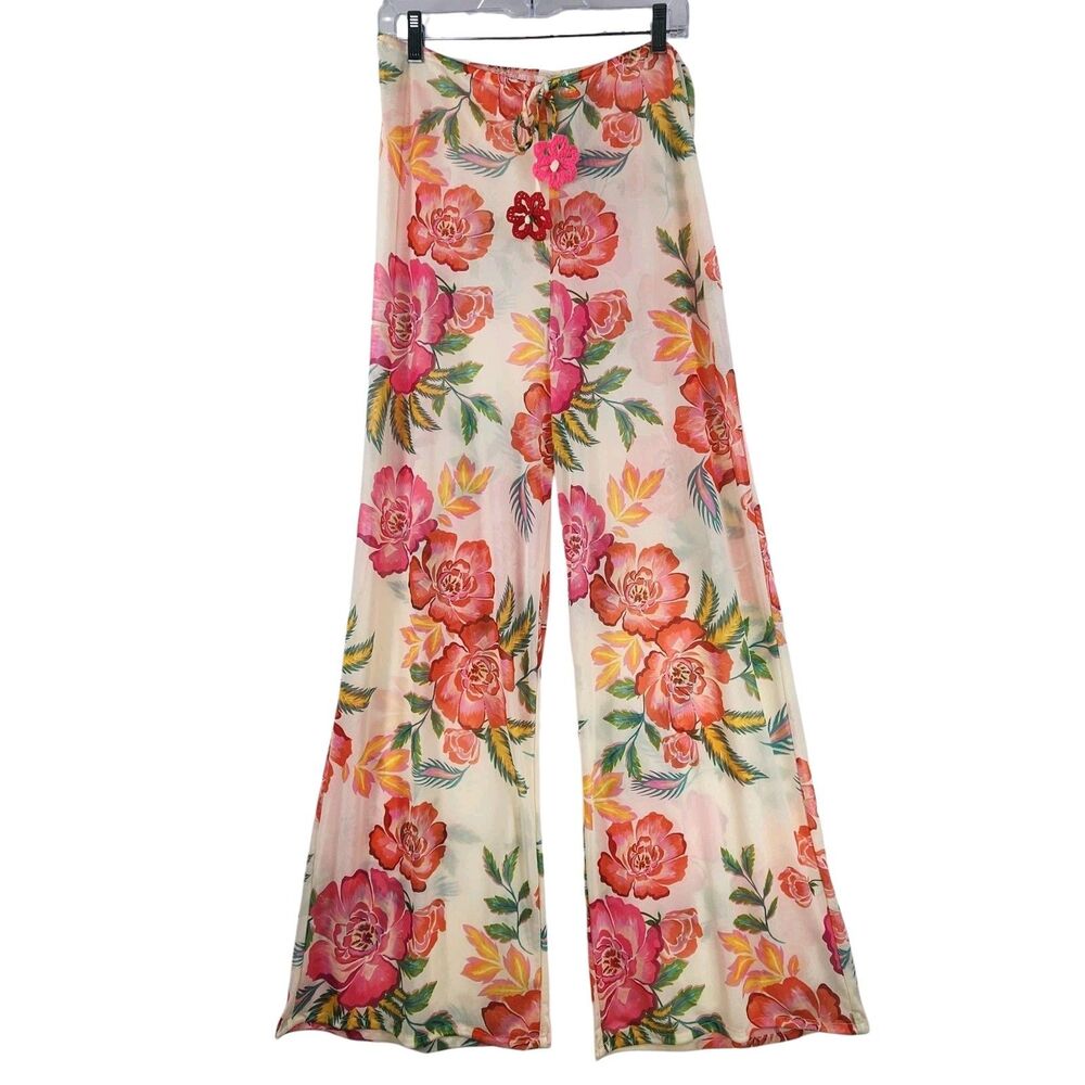 PQ Women's Mita Monroe Sheer Mesh Cover-Up Pants M/L Floral Resort Cruise Posh